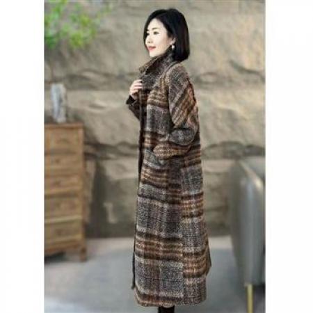 YF6998# 图片色韩版秋冬时尚复古格子长袖翻领过膝中长款呢子大衣外套