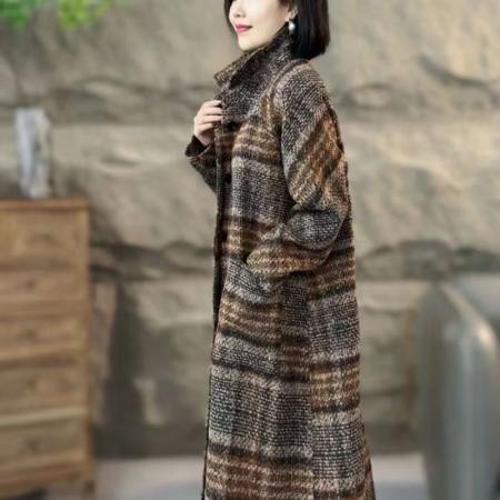 YF6998# 图片色韩版秋冬时尚复古格子长袖翻领过膝中长款呢子大衣外套