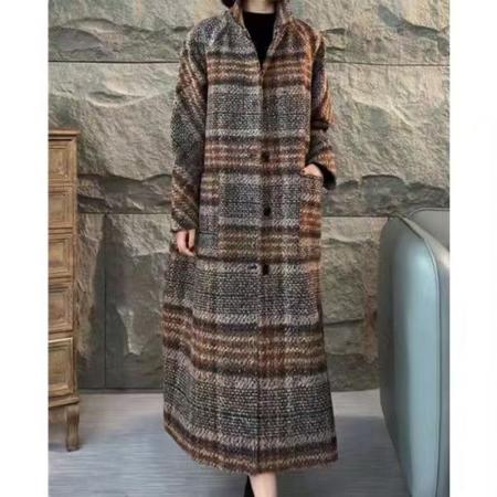 YF6998# 图片色韩版秋冬时尚复古格子长袖翻领过膝中长款呢子大衣外套