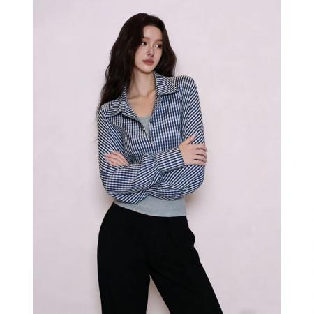 YF7017# 图片色春季时尚别致格子拼接修腰假两件设计韩版新款长袖翻领衬衣