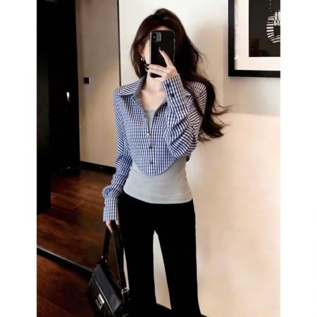YF7017# 图片色春季时尚别致格子拼接修腰假两件设计韩版新款长袖翻领衬衣
