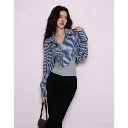 YF7017# 图片色春季时尚别致格子拼接修腰假两件设计韩版新款长袖翻领衬衣