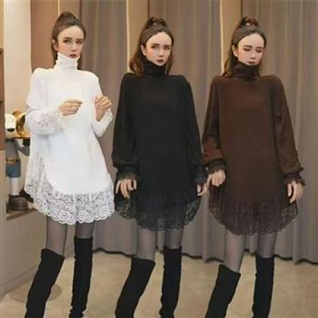 YF7015# (3色入内)春秋时尚胖MM显瘦A字蕾丝拼接高领长袖中长款别致上衣