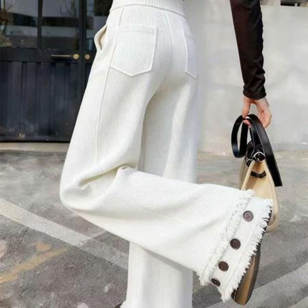 YF7014# 图片色韩版时尚个性流苏纽扣围边设计松紧腰收腹复古阔腿灯芯绒裤