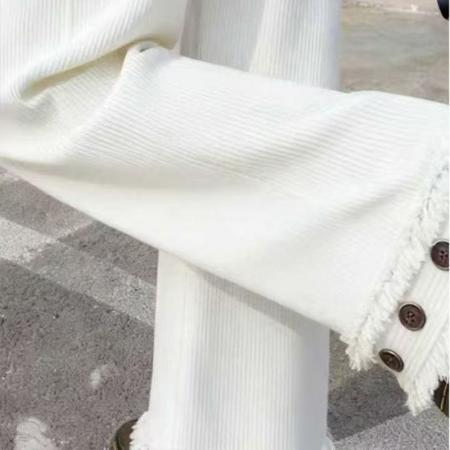 YF7014# 图片色韩版时尚个性流苏纽扣围边设计松紧腰收腹复古阔腿灯芯绒裤