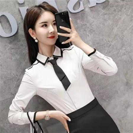 YF7013# (2色入内)时尚春季新款撞色翻领长袖系扣修身显瘦OL通勤气质感上衣