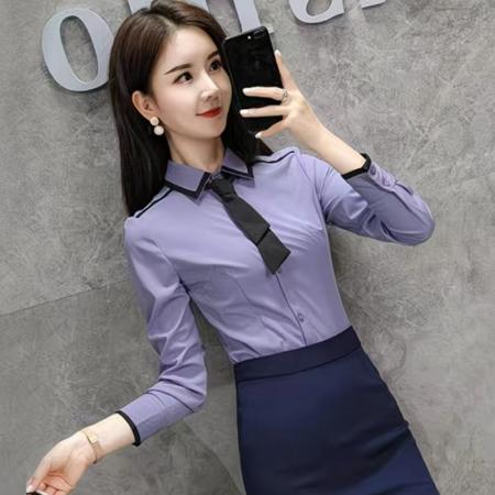 YF7013# (2色入内)时尚春季新款撞色翻领长袖系扣修身显瘦OL通勤气质感上衣