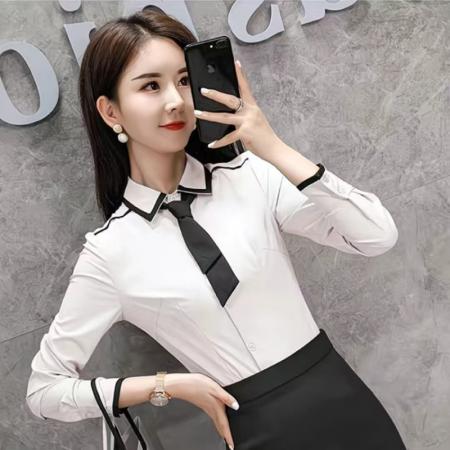 YF7013# (2色入内)时尚春季新款撞色翻领长袖系扣修身显瘦OL通勤气质感上衣