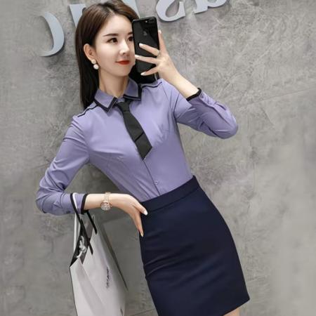 YF7013# (2色入内)时尚春季新款撞色翻领长袖系扣修身显瘦OL通勤气质感上衣