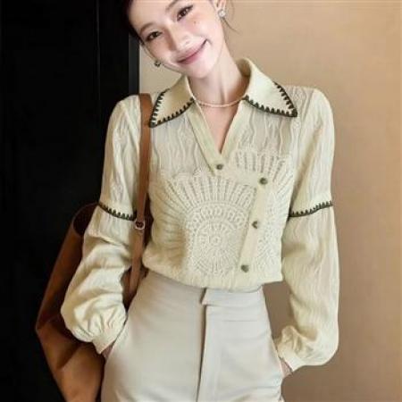 YF7012# 图片色春秋别致设计提花翻领长袖宽松显瘦韩版新款复古气质上衣