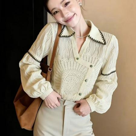 YF7012# 图片色春秋别致设计提花翻领长袖宽松显瘦韩版新款复古气质上衣