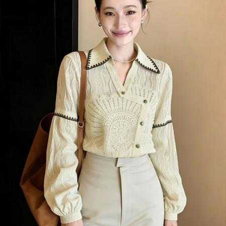 YF7012# 图片色春秋别致设计提花翻领长袖宽松显瘦韩版新款复古气质上衣