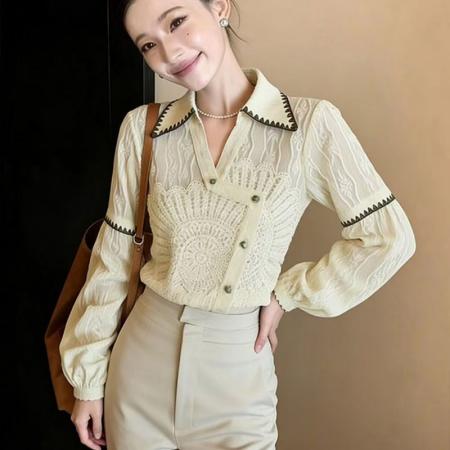 YF7012# 图片色春秋别致设计提花翻领长袖宽松显瘦韩版新款复古气质上衣