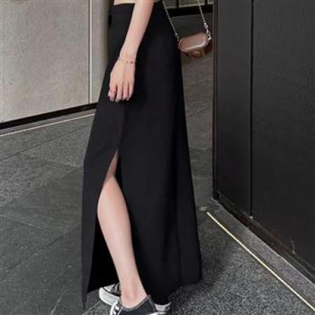 YF7011# 图片色春秋时尚侧开叉收腹高腰包臀中长款黑色性感气质半身裙