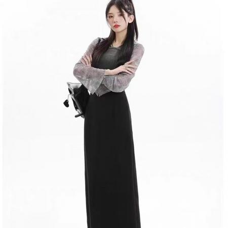 YF7011# 图片色春秋时尚侧开叉收腹高腰包臀中长款黑色性感气质半身裙