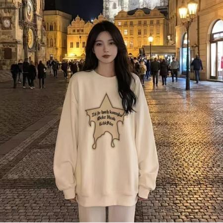 YF7010# (2色入内)学院风春秋新款可爱星印花慵懒风圆领长袖简约卫衣潮