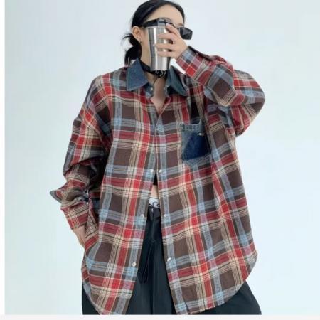 YF7009# (2色)港式牛仔POLO领拼接格子胖MM显瘦大码多巴胺复古慵懒风衬衫