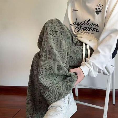 YF7008# (3色入内）秋冬时尚个性报纸印花复古设计感灯芯绒保暖慵懒风休闲裤