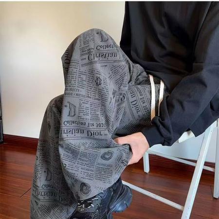 YF7008# (3色入内）秋冬时尚个性报纸印花复古设计感灯芯绒保暖慵懒风休闲裤