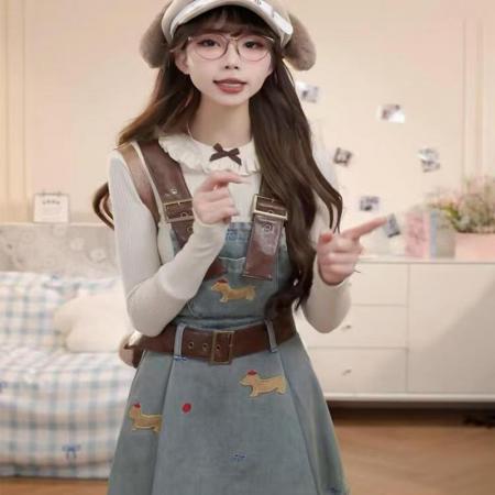 YF7036# 图片色小可爱狗狗刺绣吊带系扣复古蓝夏季新款收腰牛仔连衣裙