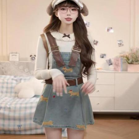 YF7036# 图片色小可爱狗狗刺绣吊带系扣复古蓝夏季新款收腰牛仔连衣裙