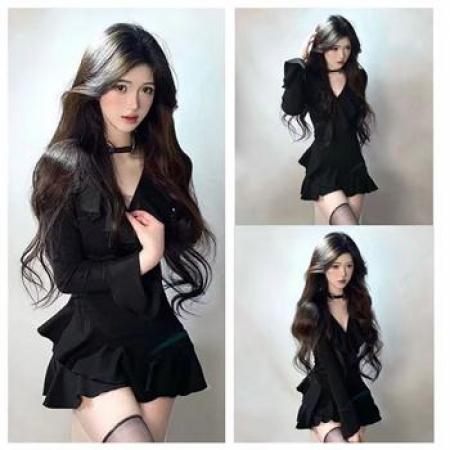 YF7035# 图片色甜美春秋百搭长袖V领荷叶边修腰法式复古气质修身包臀连衣裙