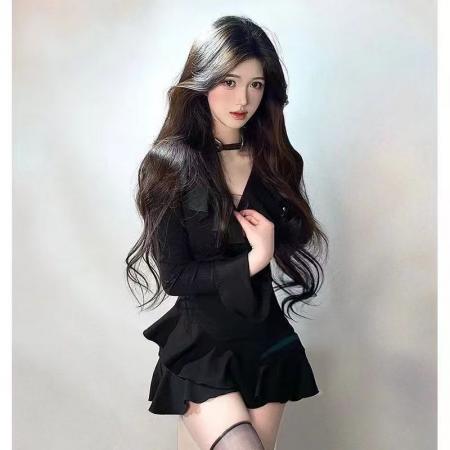 YF7035# 图片色甜美春秋百搭长袖V领荷叶边修腰法式复古气质修身包臀连衣裙