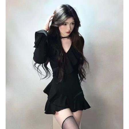 YF7035# 图片色甜美春秋百搭长袖V领荷叶边修腰法式复古气质修身包臀连衣裙