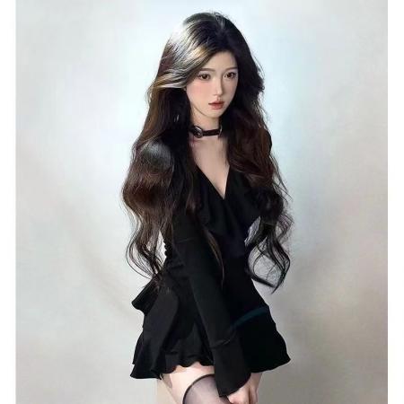 YF7035# 图片色甜美春秋百搭长袖V领荷叶边修腰法式复古气质修身包臀连衣裙