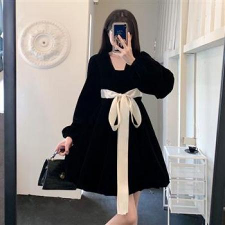 YF7034# 图片色赫本风春秋时尚灯茏袖套头撞色蝴蝶结收腰显瘦丝绒高级感连衣裙