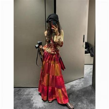 YF7031# 图片色优雅时尚渐变红色A字拼接格纹感松紧腰复古宽松显瘦长裙