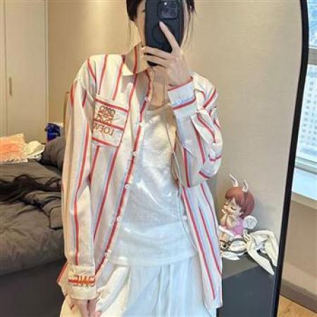 YF7030# 图片色港式春装字母刺绣坚条纹长袖翻领宽松显瘦休闲百搭衬衣