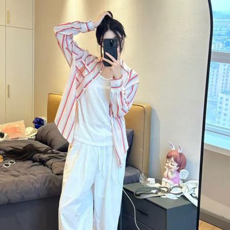 YF7030# 图片色港式春装字母刺绣坚条纹长袖翻领宽松显瘦休闲百搭衬衣