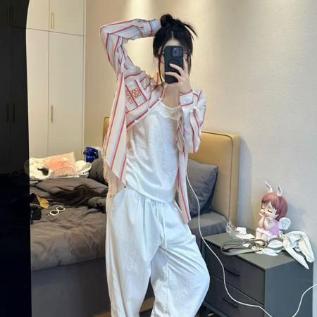 YF7030# 图片色港式春装字母刺绣坚条纹长袖翻领宽松显瘦休闲百搭衬衣