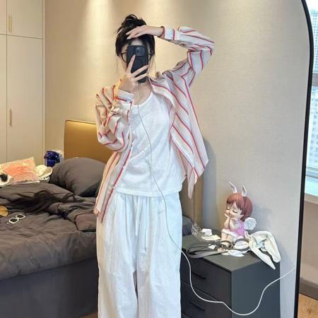 YF7030# 图片色港式春装字母刺绣坚条纹长袖翻领宽松显瘦休闲百搭衬衣