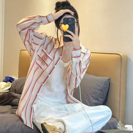 YF7030# 图片色港式春装字母刺绣坚条纹长袖翻领宽松显瘦休闲百搭衬衣