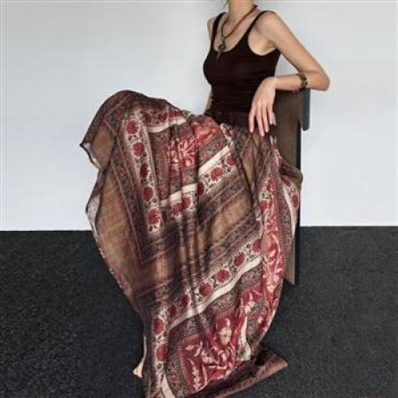 YF7029# 图片色复古小众阔腿坠地感松紧腰显瘦提花民族风休闲百搭半身裙