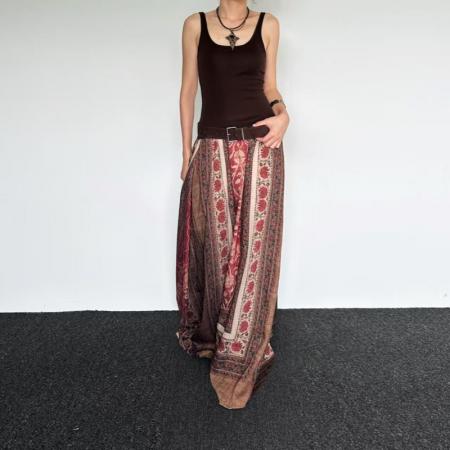 YF7029# 图片色复古小众阔腿坠地感松紧腰显瘦提花民族风休闲百搭半身裙