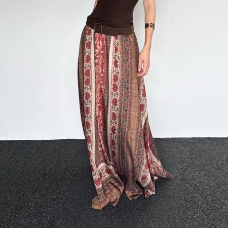 YF7029# 图片色复古小众阔腿坠地感松紧腰显瘦提花民族风休闲百搭半身裙