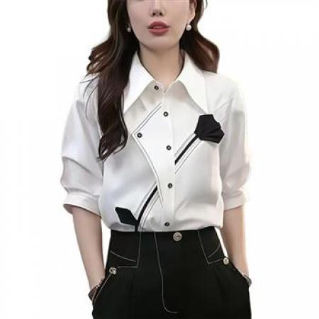 YF7028# 图片色时尚重工玫瑰花设计感中袖翻领系扣不规则撞色宽松大码衬衣