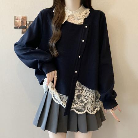 FA56301# 大码春季新款减龄显瘦卫衣蕾丝钩花翻领假两件层次感针织衫 服裝批發女裝批發服飾貨源