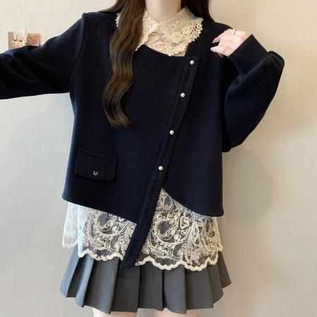 FA56301# 大码春季新款减龄显瘦卫衣蕾丝钩花翻领假两件层次感针织衫 服裝批發女裝批發服飾貨源