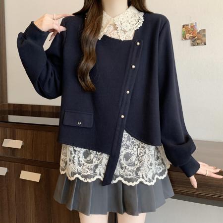 FA56301# 大码春季新款减龄显瘦卫衣蕾丝钩花翻领假两件层次感针织衫 服裝批發女裝批發服飾貨源