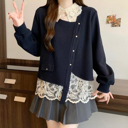 FA56301# 大码春季新款减龄显瘦卫衣蕾丝钩花翻领假两件层次感针织衫 服裝批發女裝批發服飾貨源