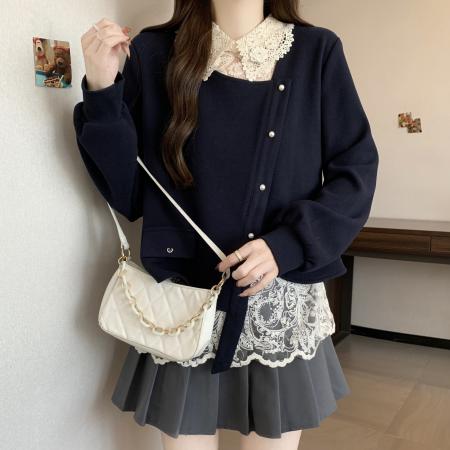 FA56301# 大码春季新款减龄显瘦卫衣蕾丝钩花翻领假两件层次感针织衫 服裝批發女裝批發服飾貨源