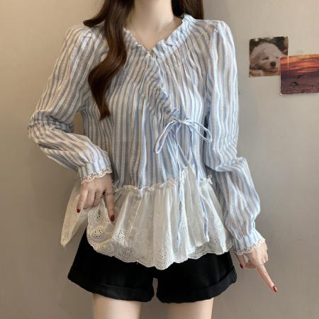 FA56302# 浅蓝色条纹V领衬衫女新款早春大码胖mm显瘦荷叶边娃娃衫上衣 服裝批發女裝批發服飾貨源