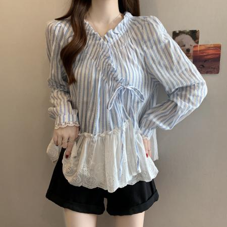 FA56302# 浅蓝色条纹V领衬衫女新款早春大码胖mm显瘦荷叶边娃娃衫上衣 服裝批發女裝批發服飾貨源