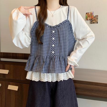 FA56303# 大码设计感格子吊带花边长袖t恤衬衫女春季新款假两件上衣 服裝批發女裝批發服飾貨源