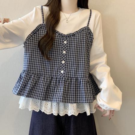 FA56303# 大码设计感格子吊带花边长袖t恤衬衫女春季新款假两件上衣 服裝批發女裝批發服飾貨源