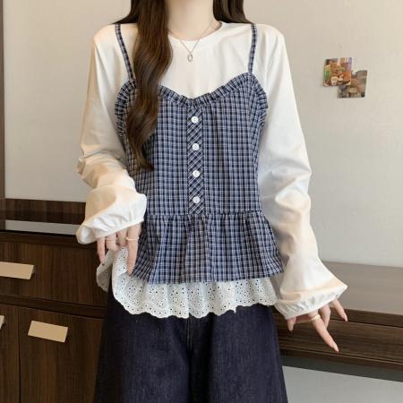 FA56303# 大码设计感格子吊带花边长袖t恤衬衫女春季新款假两件上衣 服裝批發女裝批發服飾貨源